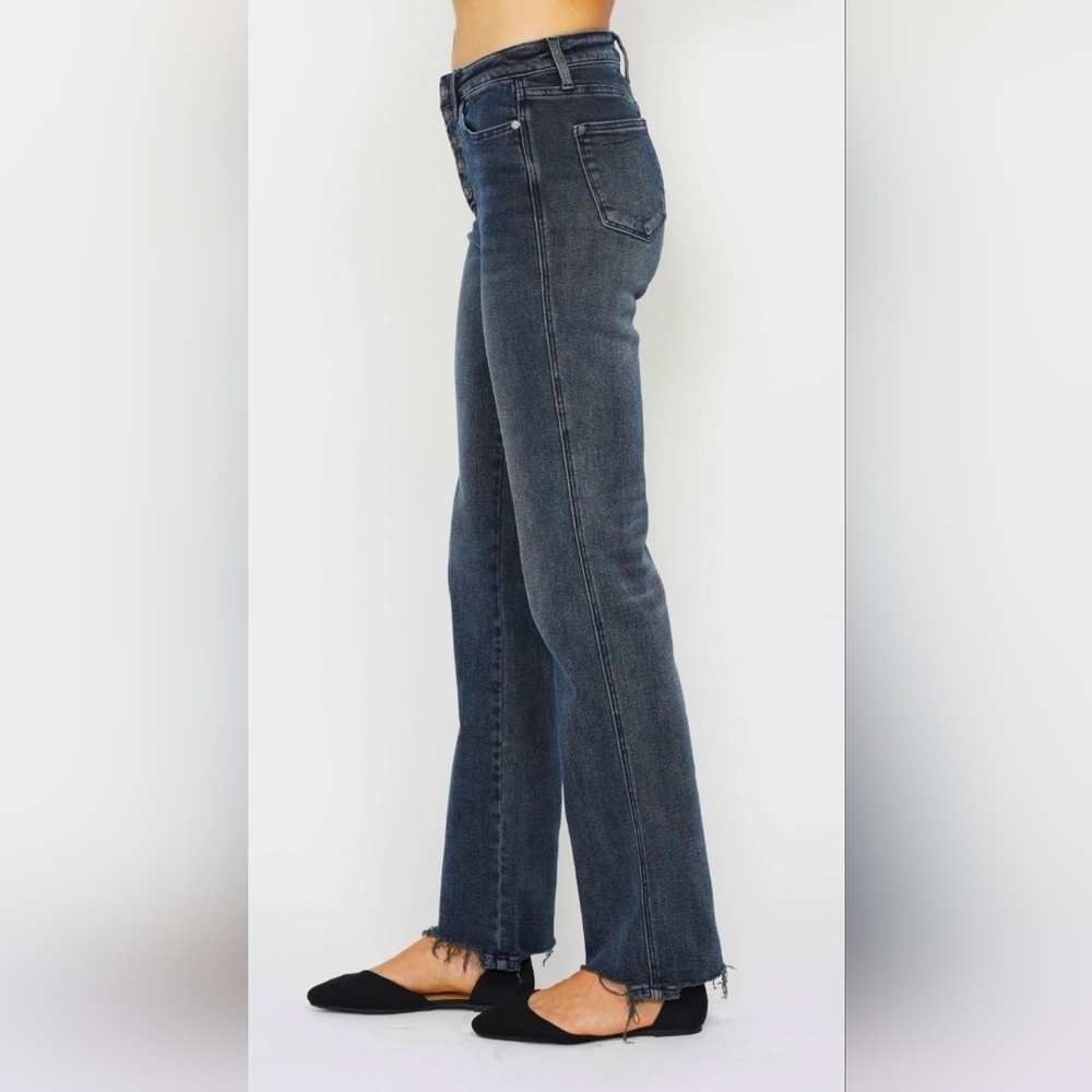 Judy Blue High Rise Button Fly Straight Fit Dark Blue Wash Jeans Reg Plus NEW - Picture 7 of 16